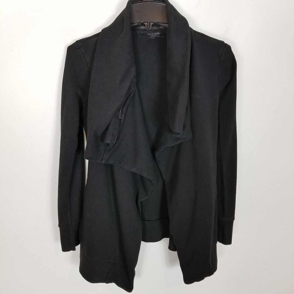 Allsaints Women Dahlia Open Front Sweater Cardigan Size XS Black Zip Neck